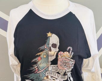 Sorta Merry & Sorta Scary Christmas Shirt Festive Skeleton Design Black Tee / Christmas shirt / light weight Christmas shirt