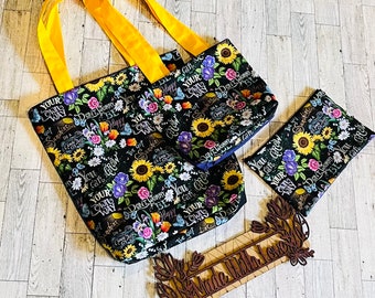 Sunflower Print Tote Bag | Handmade Cotton Shoulder Bag with Zipper Pouch