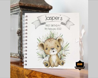 Libro de visitas personalizado para el primer cumpleaños: diseño de safari africano, encuadernación en espiral de 8x8