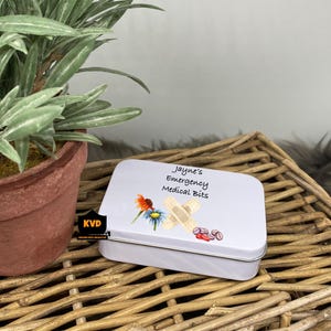 Personalized First Aid Tin: White Metal Storage, Watercolor Design