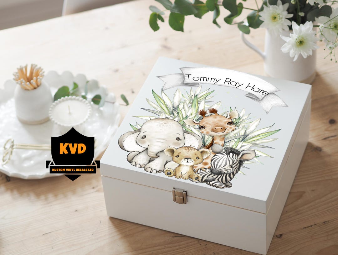 Personalized Safari Baby Keepsake Box: White Painted Wooden Memory Box ...