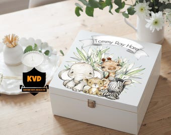 Personalized Safari Baby Keepsake Box: White Painted Wooden Memory Box