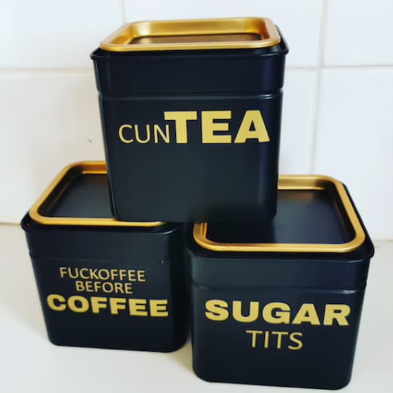 Novelty Naughty Canister Set ( Sweary Tins ) Mat Black With Gold Lid