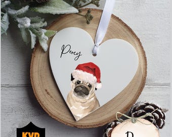 レーザー刻印入りパグのクリスマスオーナメント - バーチウッド製 犬