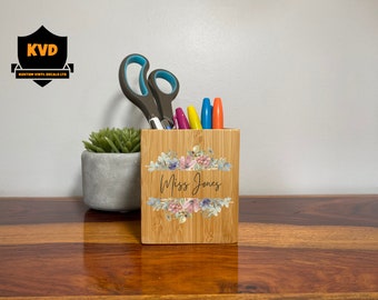 Pot à crayons floral personnalisé pour professeur, cadeau personnalisé pour professeur, cadeau TA personnalisé, porte-stylo pour professeur, rangement de bureau personnalisé pour professeur