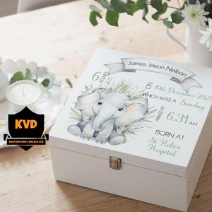Caja de recuerdo de lujo para bebé, caja de recuerdo de madera personalizada para bebé, caja de recuerdo para bebé recién nacido, regalo personalizado para bebé, regalo de elefante para bebé recién nacido