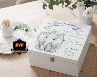 Caja de recuerdos personalizada para bebé: madera blanca, diseño de elefante