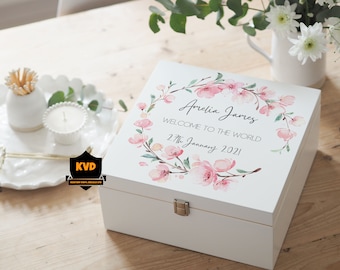 Personalized Baby Girl Keepsake Box: Sakura Flower Wood Memory Box