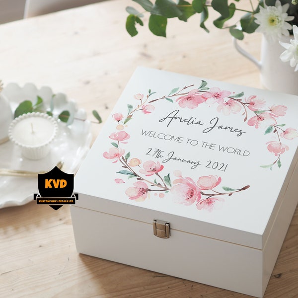 Personalized Baby Girl Keepsake Box: Sakura Flower Wood Memory Box
