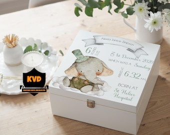 Caja de recuerdos personalizada para bebé: madera blanca, elefante de acuarela