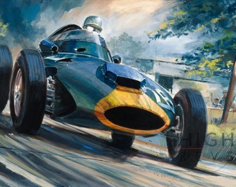 Stirling Moss Vanwall Painting – Original Vintage Formula One Motorsport Art