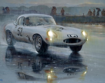 REFLECTING GLORY – Graham Hill Jaguar E-type Snetterton – Art Print by Paul Dove