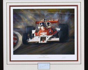 DEFENDING CHAMPION - Framed James Hunt 1977 Tribute (includes original Autograph) - by Paul Dove