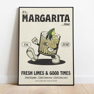 Póster de "It's Margarita Time" / Impresión de cóctel vintage / Arte de pared de bar retro / Ilustración linda / Decoración de bar para el hogar / Regalo de arte de cocina