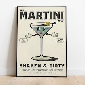C&#39;est l&#39;heure du Martini | impression cocktail vintage | Art mural bar rétro | Illustration mignonne | Décoration de bar | Cadeau d&#39;art culinaire