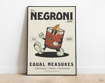 Peut inclure: Une affiche de style vintage avec une illustration de dessin animé d'un cocktail Negroni qui marche. L'affiche porte le texte "It's... NEGRONI...time." et "Est. 1919". L'affiche comprend également le texte "EQUAL MEASURES 25ml Campari - 25ml Gin - 25ml Vermouth over ice with an orange twist"