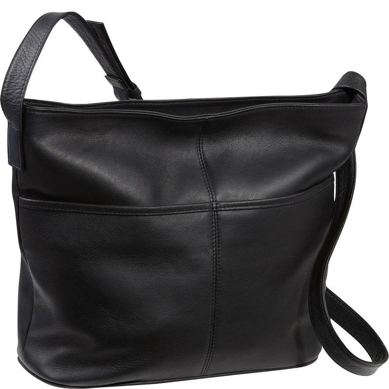 Le Donne Leather Two Slip Pocket Shoulder Bag Handbag Purse Crossbody Full Grain Colombian Leather Bag for Women Black
