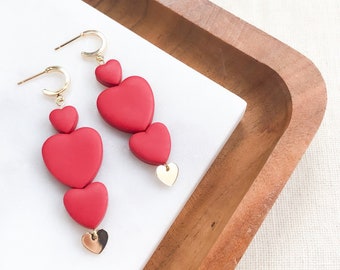 Beaded Heart Drop Earrings - Polymer Clay Earrings - Statement Earrings - Heart Hoops - Red Earrings - Clay Jewelry - Valentine's Day