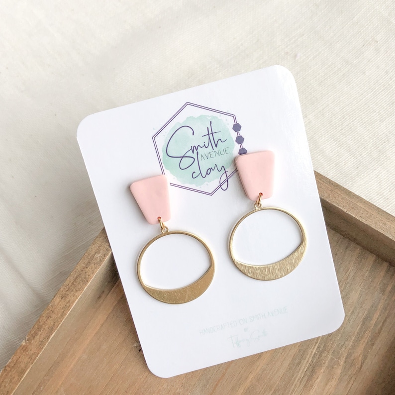 Clay Jewelry Blush and Brass Earrings Clay and Brass Earrings Blush and Brass Circle Drops | Polymer Clay Earrings