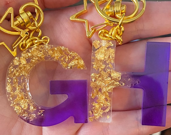 Purple and Gold Resin Letter Keychain Gold Flake Resin Keychain
