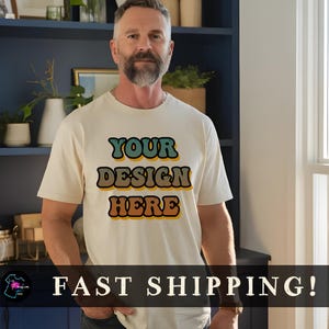 Model wearing a personalized t-shirt with funny quote or brand logo, designed for business merch, bachelorette weekends, or family holiday shirts. DTG printing produces clear, high-res images. Ideal for matching birthday squad tees or nonprofit organization apparel. Great for mom and daughter matching outfits, sports coach gear, or senior class trips.