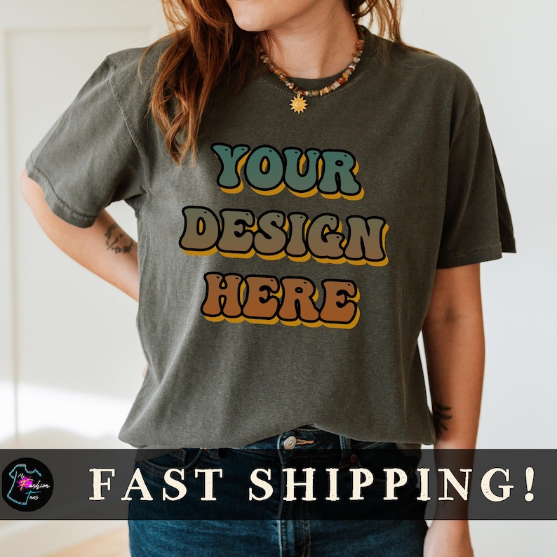 Custom Comfort Colors t-shirt featuring a professionally printed business logo on the front. Ideal for small business owners, salon teams, coffee shop staff, real estate groups, and creative entrepreneurs. DTG printed for vibrant detail and durability. Perfect for bachelorette party groups, corporate retreats, client gifts, or personalized brand merchandise. Shirt shown in a flat lay for Etsy listing image.
