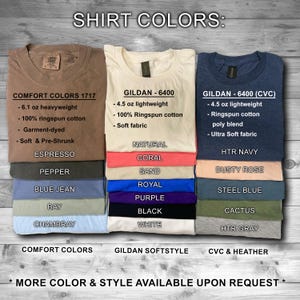 May include: Image showcasing a variety of t-shirt colors and styles. The image includes color swatches and details for Comfort Colors 1717, Gildan 6400, and Gildan 6400 (CVC) shirts, with text indicating fabric weights and materials.