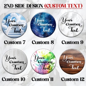 May include: Six different designs for a custom text round sticker. The designs include a cloudy sky with a staircase, a starry night sky, a white marble background, a white wood background, a watercolor background, and a brown wood background. Each design has the text "Your Custom Text" in a cursive font.
