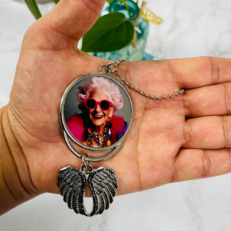 Personalized Photo Memorial Gift- Car Decor Charm- Picture memory Angel Wings- Rear View mirror Photo Keychain- Grandma Memorial Keepsake image 2