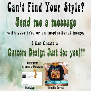 K&ouml;nnte beinhalten: Werbebild f&uuml;r individuelle Designleistungen. Text: "Finden Sie Ihren Stil nicht? Senden Sie mir eine Nachricht mit Ihrer Idee oder einem inspirierenden Bild. Ich kann ein individuelles Design nur f&uuml;r Sie erstellen!!!" Desktop- und Mobilansichten.