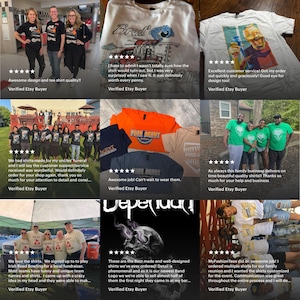 May include: Collection of custom t-shirts in various colors, including white, orange, and navy blue. Some shirts feature text and graphics, while others display customer reviews. The shirts are for events and businesses.