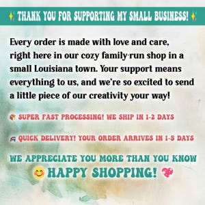 K&ouml;nnte beinhalten: Eine t&uuml;rkisfarbene Grafik im Aquarellstil mit dem Text "THANK YOU FOR SUPPORTING MY SMALL BUSINESS!". Der Text setzt sich mit einer Nachricht &uuml;ber das Unternehmen fort und endet mit "HAPPY SHOPPING!"