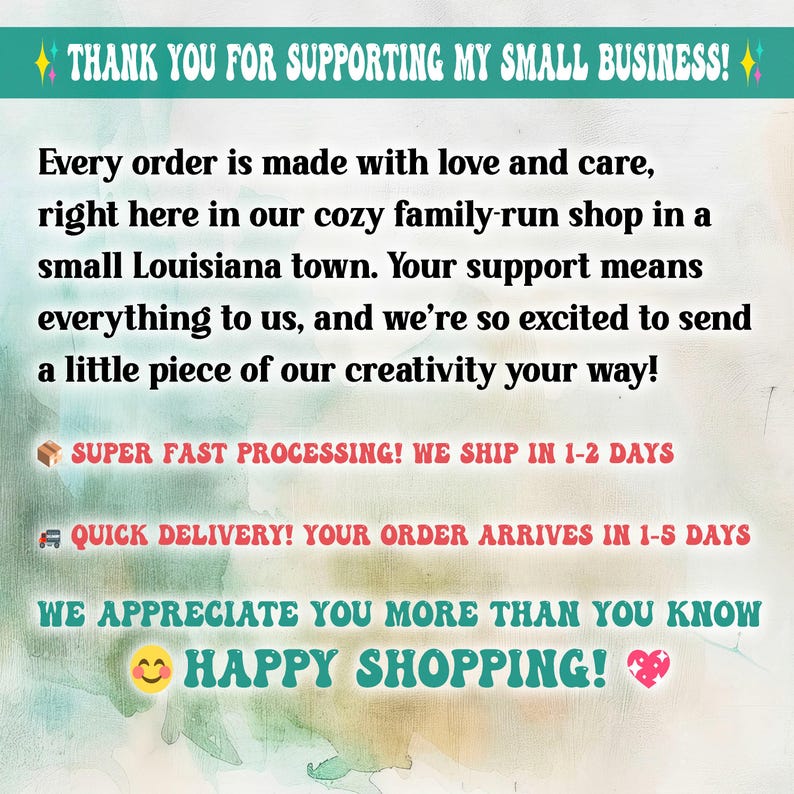 K&ouml;nnte beinhalten: Eine t&uuml;rkisfarbene Grafik im Aquarellstil mit dem Text "THANK YOU FOR SUPPORTING MY SMALL BUSINESS!". Der Text setzt sich mit einer Nachricht &uuml;ber das Unternehmen fort und endet mit "HAPPY SHOPPING!"