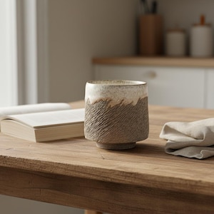 Unique Handmade Carved Stoneware Tea Cup, Modern Ceramic Handcrafted Pottery Coffee Mug, Rustic Clay Handbuilt Textured Espresso Tumbler