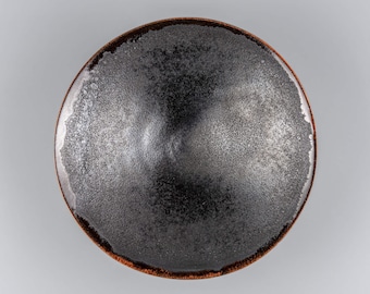 Unique Stoneware Dinner Plate Black Orange, Modern Textured Handmade Ceramic Deep Dish, Handcrafted Pottery Clay Japanese Serving Tableware