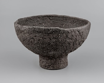 Handmade Rustic Stoneware Centerpiece Bowl, Unique Handcrafted Small Decorative Black Clay Vessel, Modern Organic Artisan Natural Design Pot