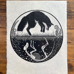Fox skeleton hand printed original linocut print