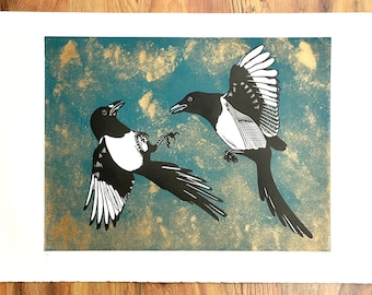 Fighting Magpies Linoprint / Lino cut / Corvids / bird art / Linoprint