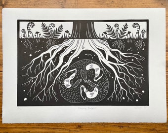 Sleeping badgers, linocut print