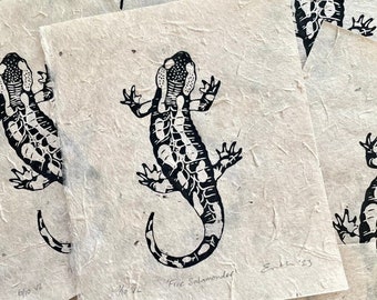 Fire salamander linocut print