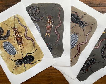 Under the Stone - linocut print of various bugs