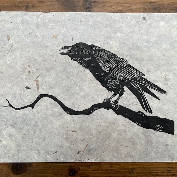 Crow Lino cut print / Raven / animal art / Linoprint