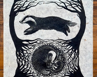 Woodland Dreams - badger linocut print
