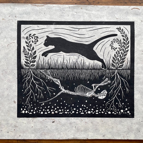 SUPER SECONDS FESTIVAL / Spirit Hunter linocut print / cat skeleton