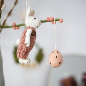 Bunny with knitted dungarees // Bunny bunny hand felted spring / Easter decoration, Easter bunny, Mother's Day, fair trade, knitted image 2