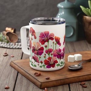 Insulated Coffee Mug With Lid 10oz Floral Travel Tumbler With Handle Gift For Flower Lover Boho Pink Flowers Lidded Cup