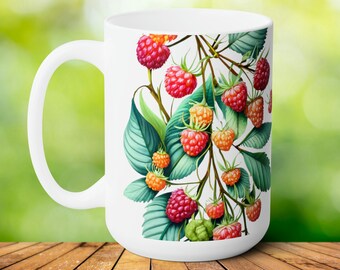 Taza de café grande con diseño de frambuesa, taza con diseño de acuarela de bayas, regalo inspirado en la naturaleza, taza de frutas estilo cottagecore, regalo para compañeros de trabajo, taza extragrande con frambuesas de 443 ml (15 oz)