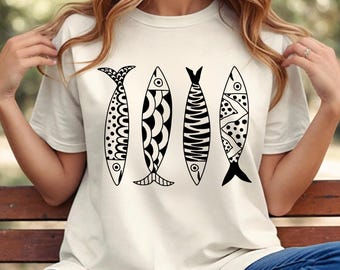 イワシのグラフィックTシャツ、イワシの缶詰の魚、90年代のトレンドグラフィックシャツ、マーメイドTシャツ、レトロ、夏、沿岸、おばあちゃん、漁師、美的Tシャツ