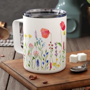 Wildflowers Insulated Coffee Mug With Lid, Watercolor Wild Flower Mug, Floral Summer Travel Mug, Cottagecore Insulated Coffee Mug, 10oz