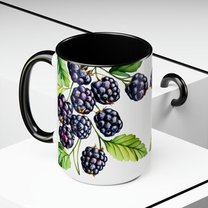 Coffee or Tea Cup Berries Design Two-Tone Ceramic Mug Blackberries Watercolor Nature Inspired Gift For Mom Blackberry Birthday Present